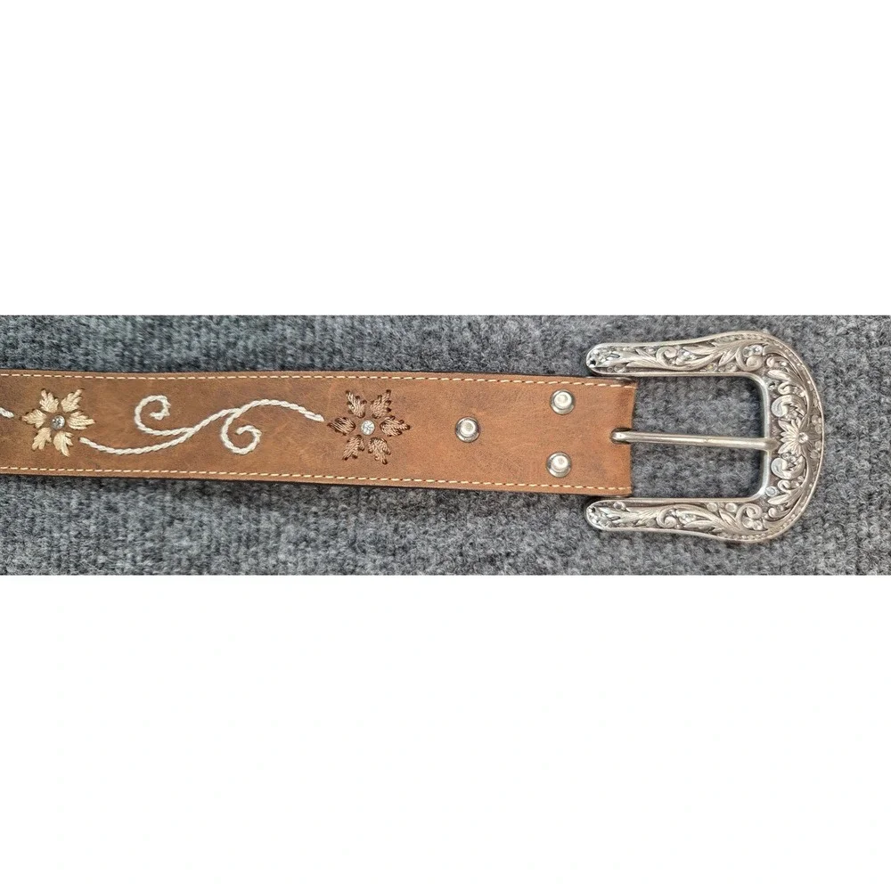 Nocona Belt Womens Small Brown Leather Rhinestone Buckle